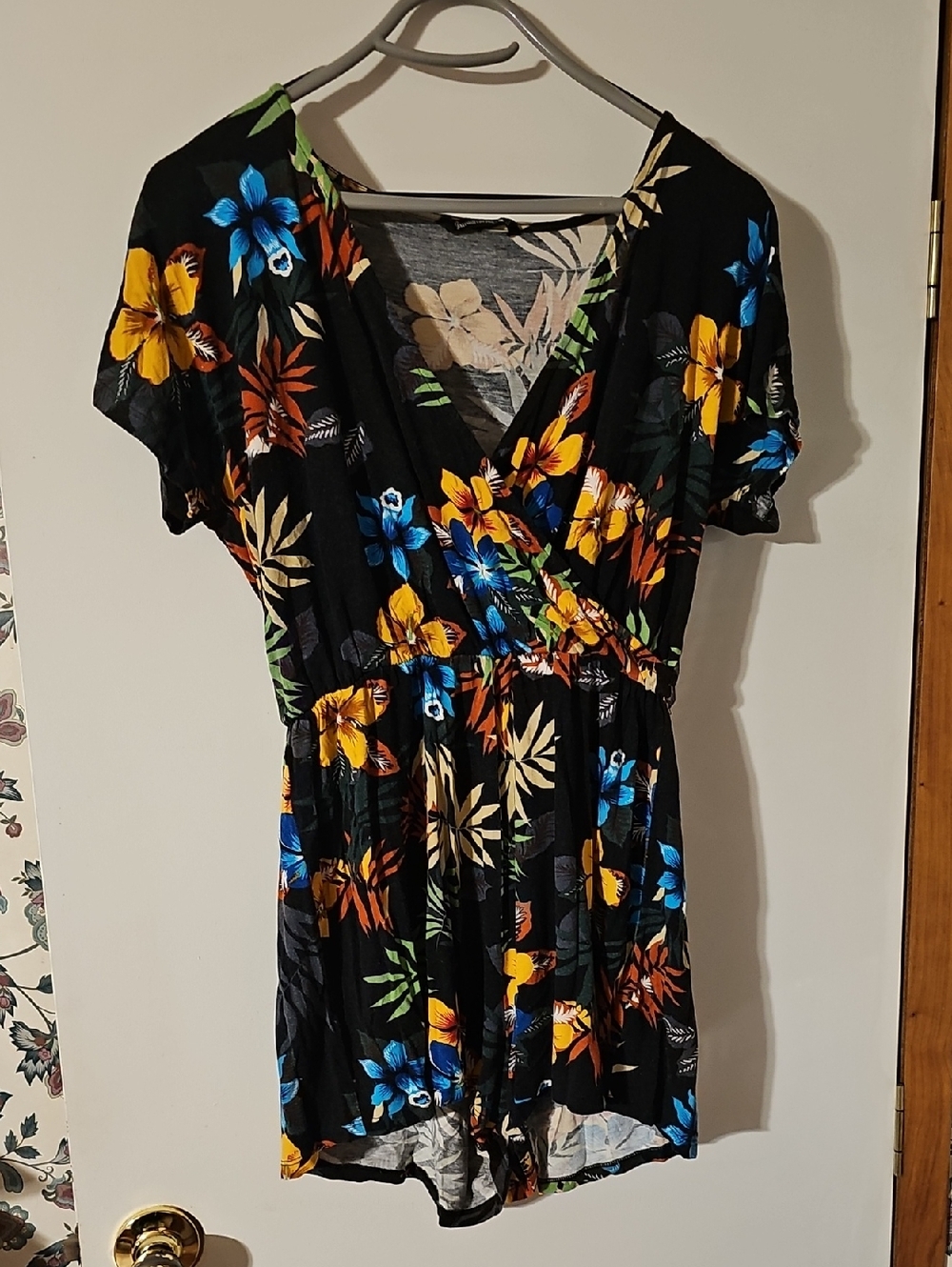 stradivarius Black Floral Wrap Romper with Yellow & Blue Blooms